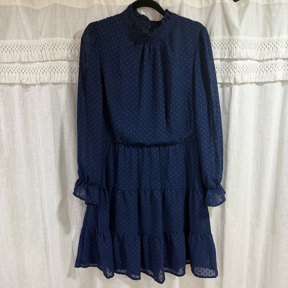 R&K Navy Blue Dotted Design High Neck Long Sleeve Dress